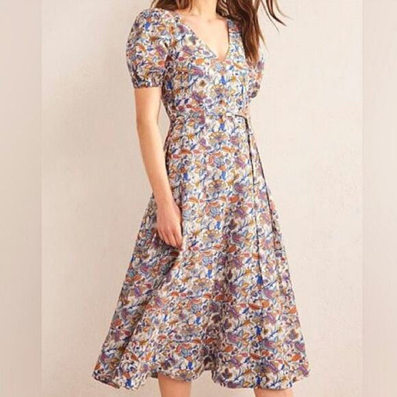 Boden Floral Paisley Print Midi Dress Full Skirt Short Sleeve Linen Summer 10L - Picture 15 of 16